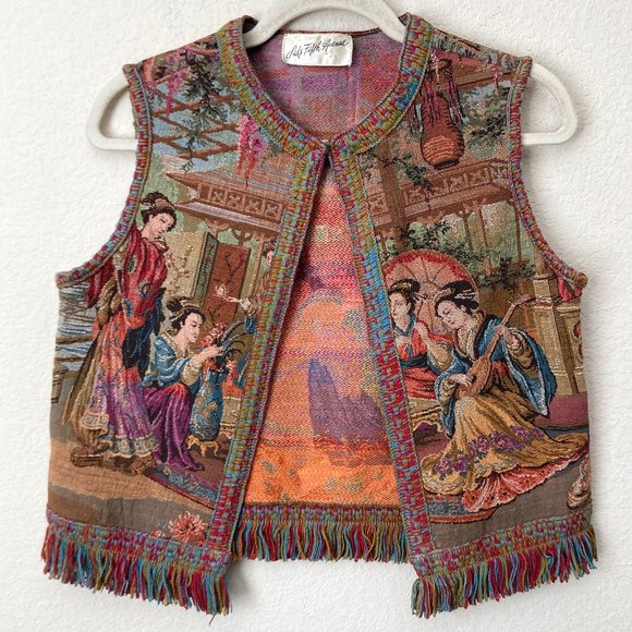 Saks Fifth Avenue Jackets & Blazers - Vintage Saks Fifth Avenue Tapestry Art to Wear Boho Fringe Trim Vest Top
